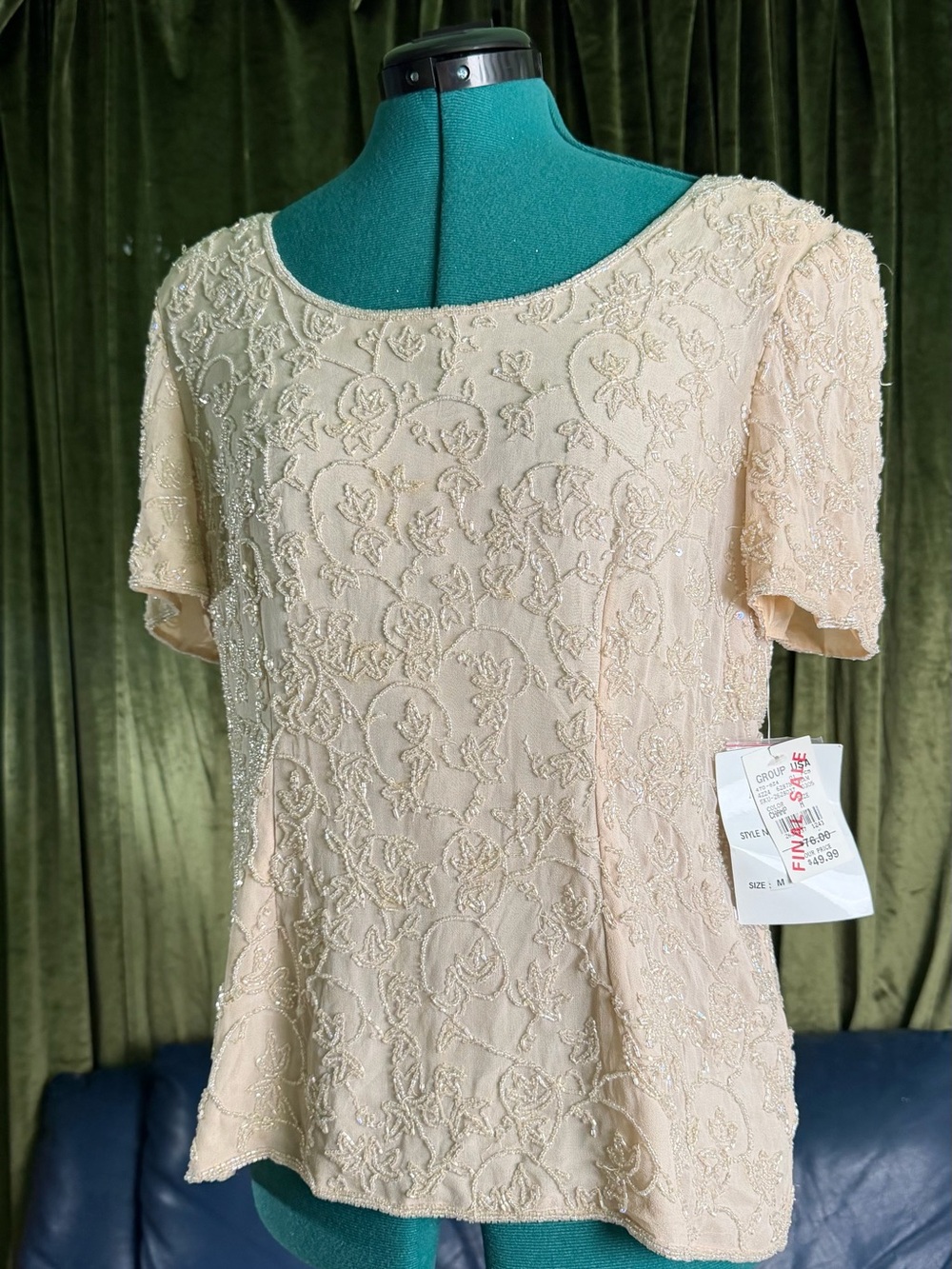 Vintage Elegant Beaded Short-Sleeve Dress Top in Light beige